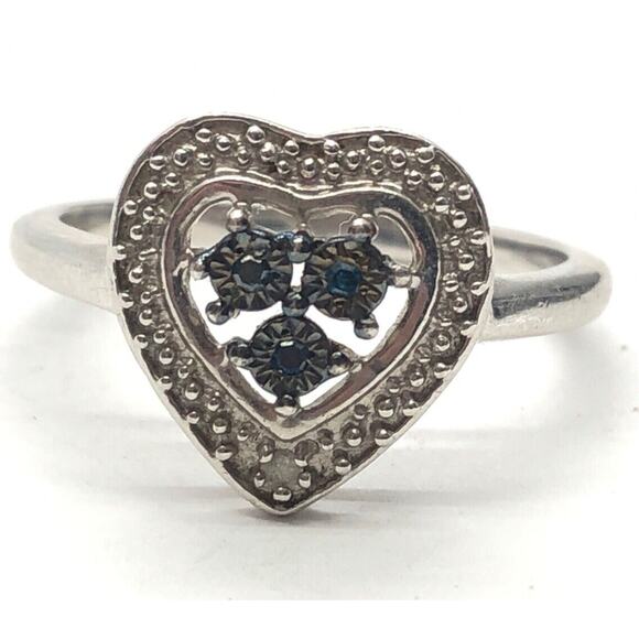 Blue Diamond Sterling Silver Ring 925 Size 7.5 Heart Signed TGGC - Picture 1 of 5